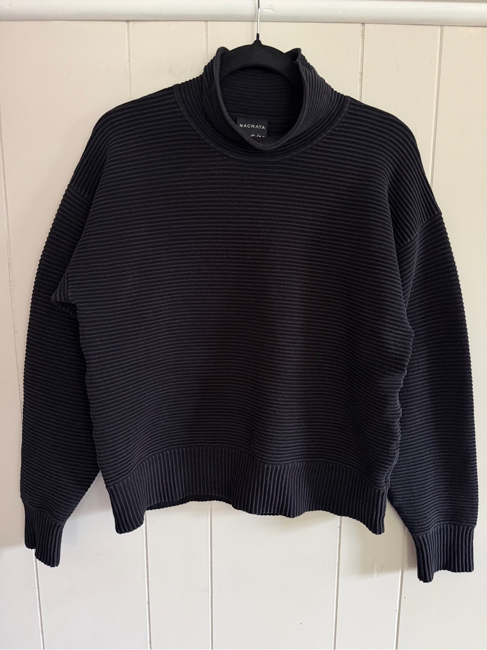 Nagnata Organic Cotton Ribbed Black Polo Neck Pullover Sweater S/M Fashion Luxe